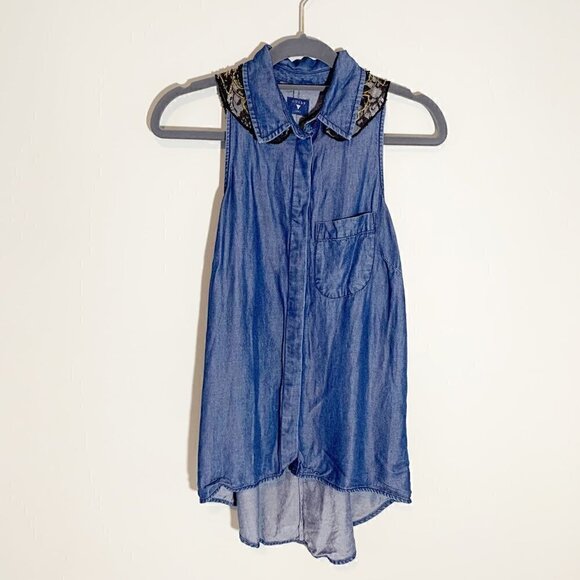 Guess angel wing beaded lace collared chambray button down shirt top blouse - Picture 1 of 8